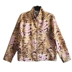 Birch Hill Full Zip Jacket Size L Animal Print Tan Pink Faux Suede Pockets